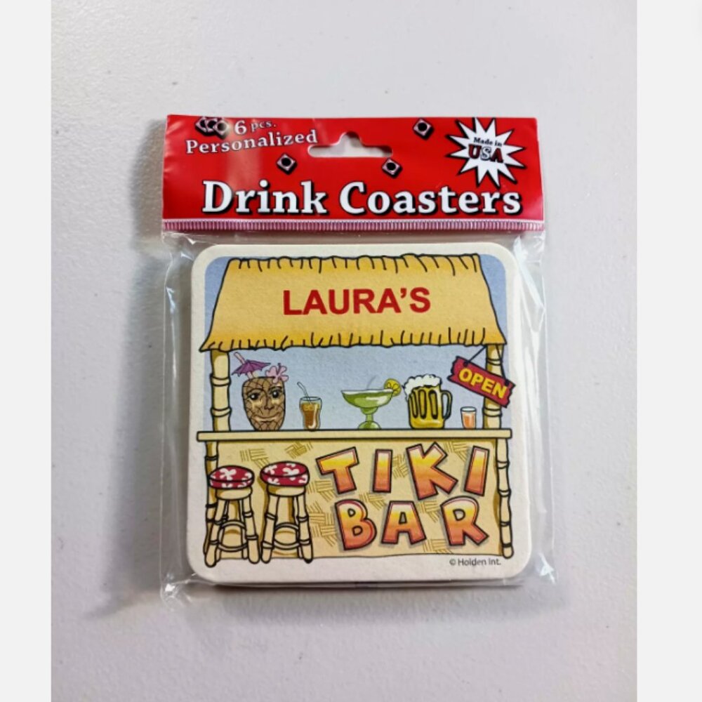 Vintage Personalized Drink Coasters Laura's Tiky Bar 6 Pack Vintage Made In USA